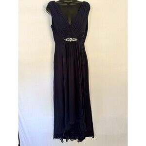 Eliza J Embellished Crystal Womens High/Low Chiffon Dress Navy VNeck Size 4 NEW